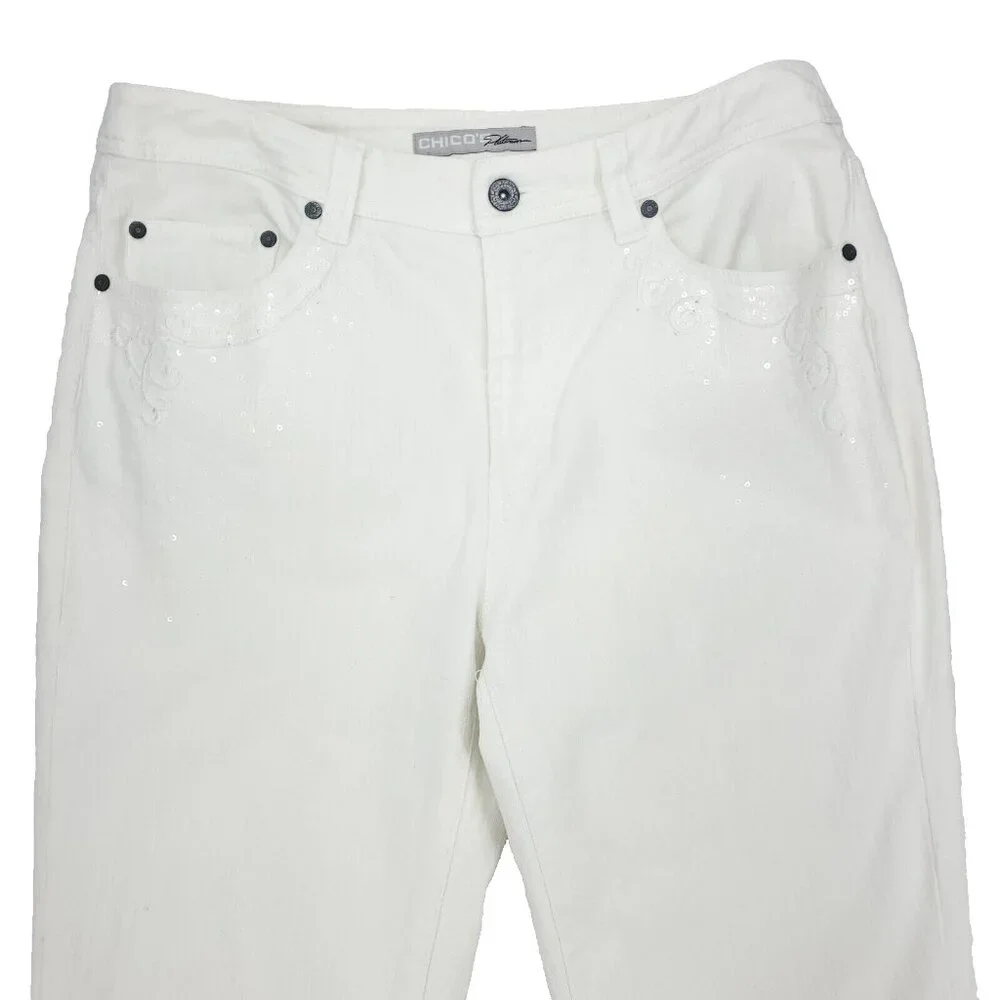 Chicos Platinum Jeans Womens 0.5 (US 6 /S) White Cecile OCP Sequin Strech Capri - Picture 2 of 11